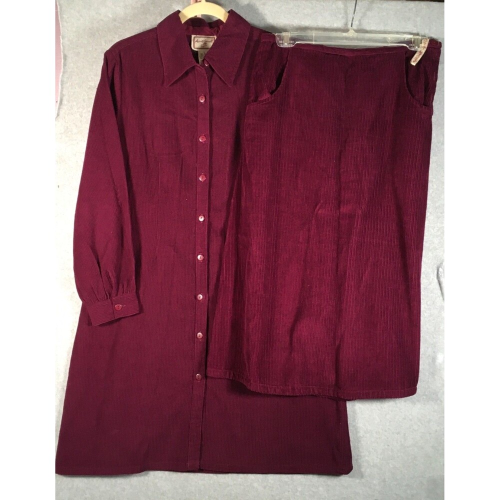 Vtg 80's April Cornell Long Skirt Long Shirt Suit Set Size L Burgungy Cordory